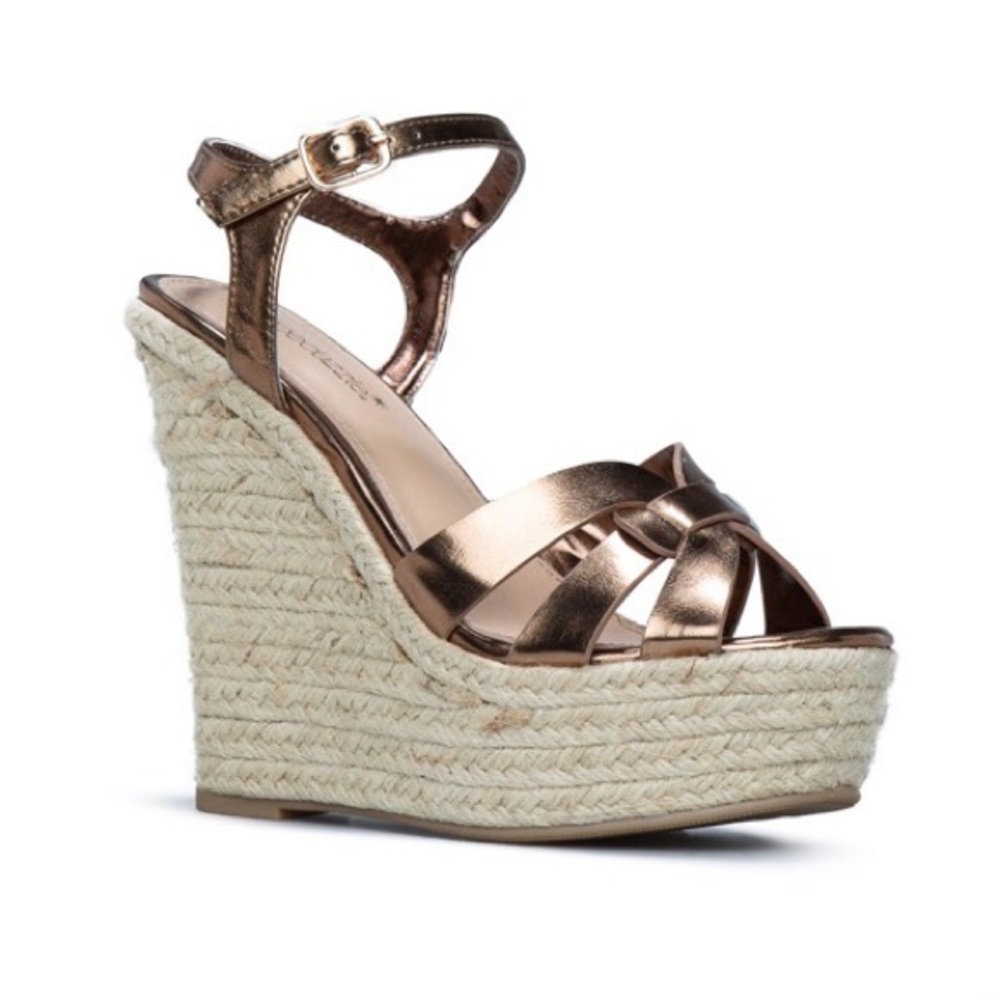 Bronze Strappy Platform Espadrille Wedge Sz 8, NIB